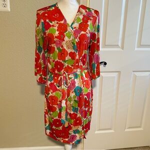 JOSIE NATORI Red Floral Short Sleeve Knee Length Lounge Sleepwear Wrap Robe * M